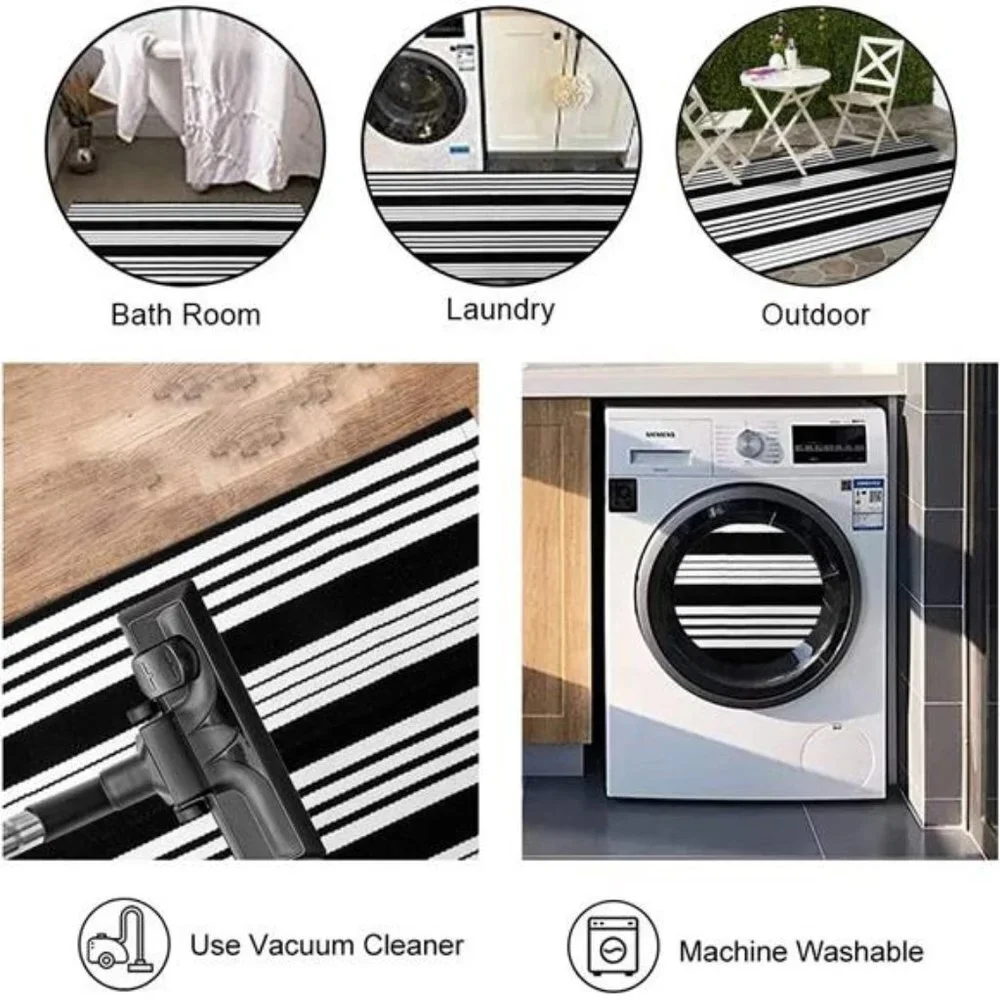Black and White Striped Rug 24'' x 51'' Hand-Woven Indoor/Outdoor Area Rug